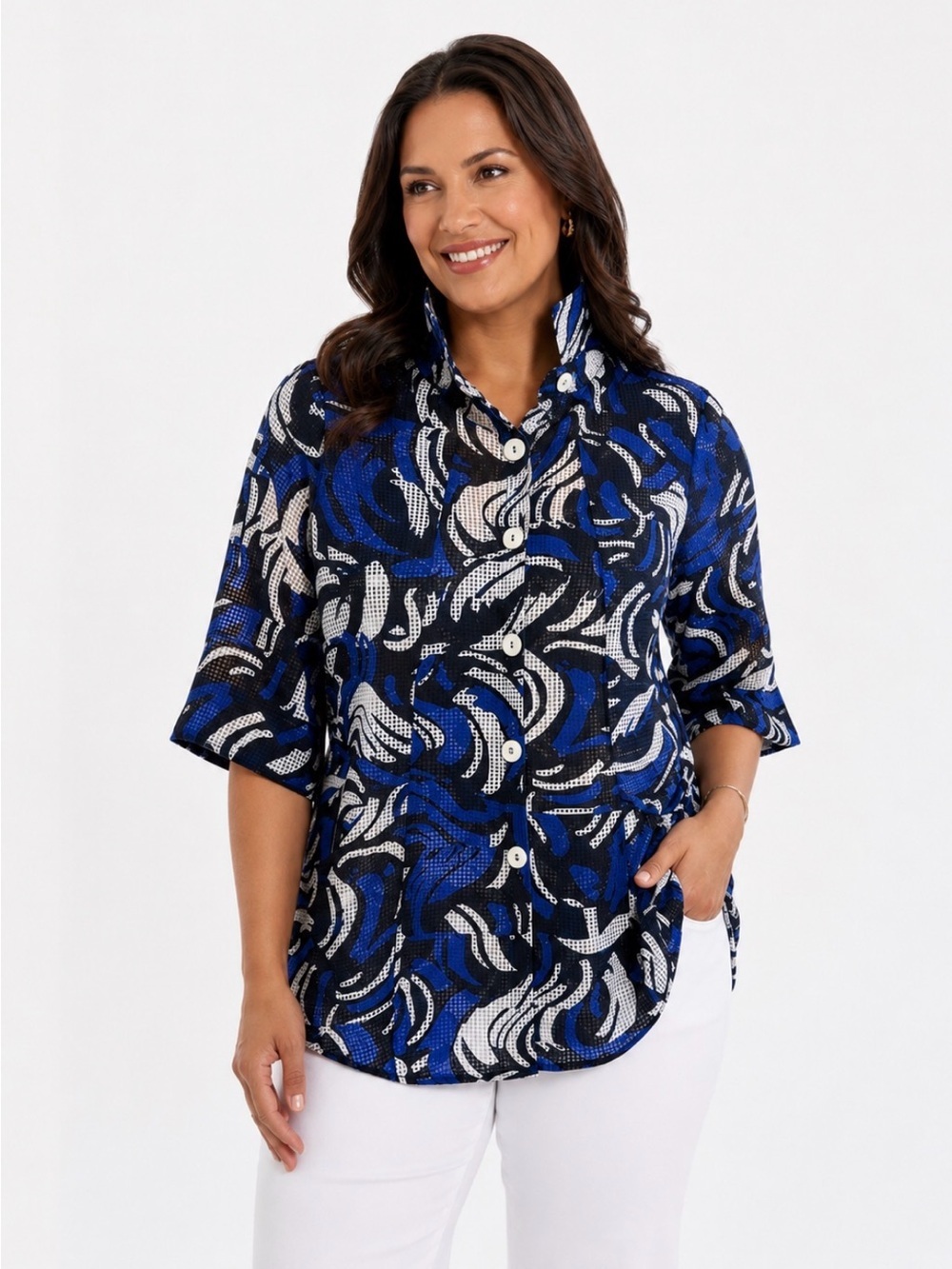 IC by Connie Lightweight Sheer Mesh Wearable Art Button-Up Top Blk/Blue Size L